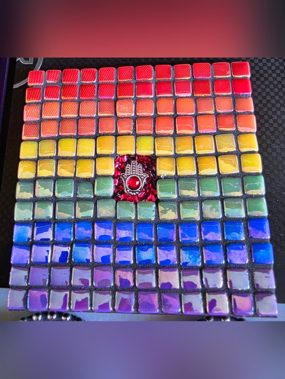 Rainbow Mosaic Tile Art/Coaster with Red Hamsa